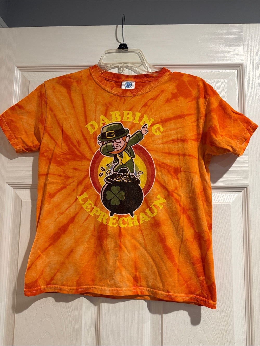 Kids Orange Tie-Dye Dabbing Leprechaun Graphic Tee